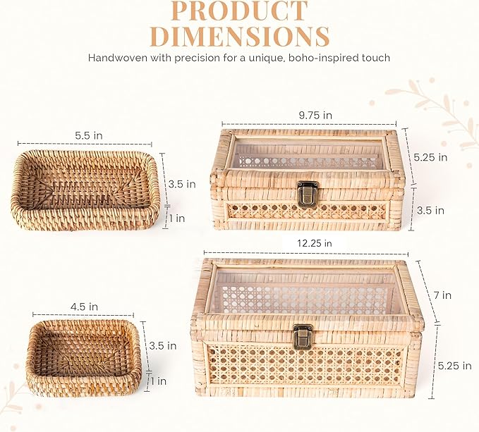 Rattan Display Boxes with Glass Lids - Rectangular Decorative Storage Box for Shelf - Set of 2 Woven Wicker Boho Cane Decor Organizers - 2 Removable Rattan Storage Trays