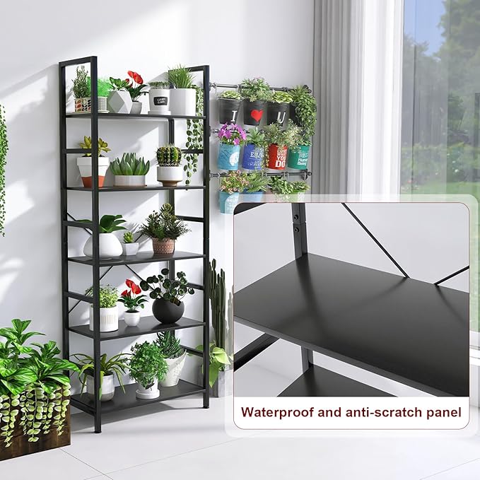 5 Tier Bookshelf Industrial Ladder Shelf Open Display Storage Rack Wood Bookcase with Metal Frame, Freestanding Storage Shelves for Home Office, Living Room, Bedroom, Kitchen (Black, 5-Tier)