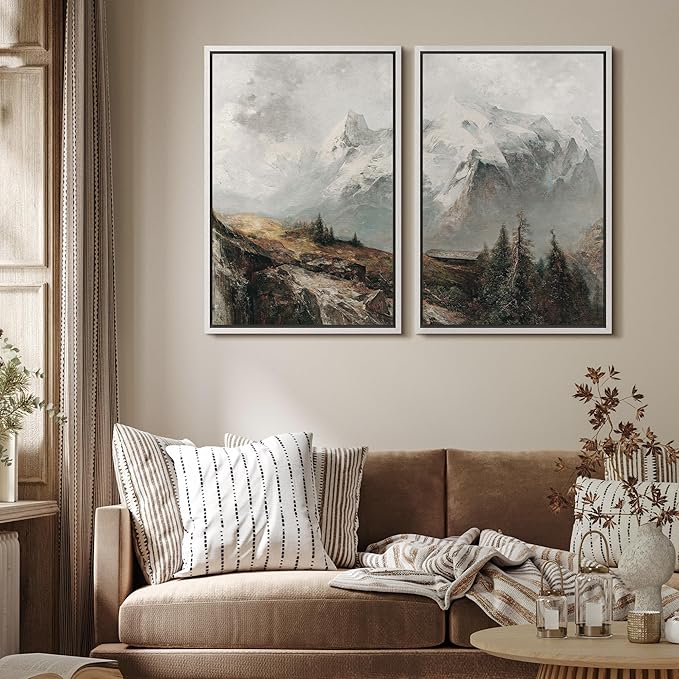 MUDECOR Framed Canvas Print Wall Art Majestic Snow-Capped Mountains Alpine Wilderness Nature Wilderness Illustrations Realism Decorative Scenic for Living Room, Bedroom, Office - 16"x24"x2 White