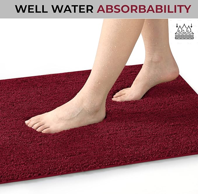 YHF Bathroom Rug Set 2 Piece, Extra Thick & Soft Microfiber Shaggy, Machine Washable Bath Mats, Absorbent Bath Rugs, Non-Slip Rubber Backing Bath Mat for Bathroom Floor, Tub and Shower, Burgundy