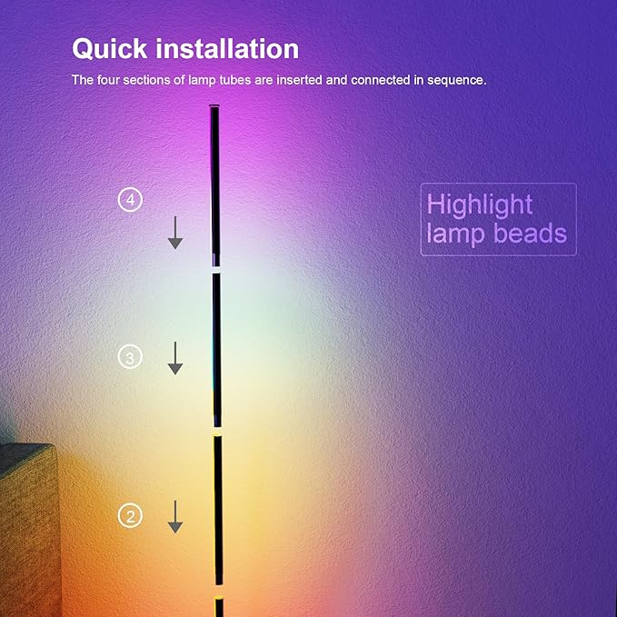 Corner Floor Lamp, 60”Smart RGB LED Floor Lamp with App and Remote Control,High Brightness Led,16 Million Colors, Music Sync, Timer Setting, Mood Lighting,Ideal for Living Rooms, Bedrooms.