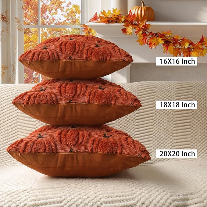 4TH Emotion Fall Pumpkin Decorative Pillow Covers 20x20 Set of 2, Dark Rust Red Soft Plush Faux Fur Wool Farmhouse Throw Cushion Cases for Autumn Thanksgiving Holiday Home Decorations