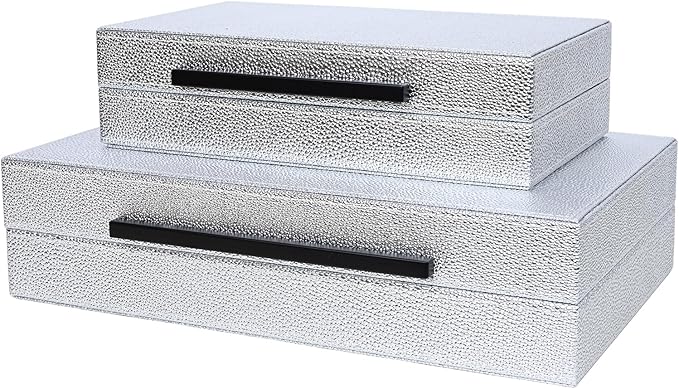 Silver Decorative box Set of 2 Faux Leather Decorative Boxes,Large Nesting Storage Decorative Boxes with Lids for Modern Home Decor Stacking Jewelry Box Organizer