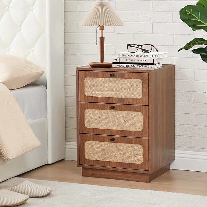 Nightstand with 3 Drawers Set of 2, Mid Century Modern Night Stand with Linen Drawers & Stable Legs, Wood Rustic Bedside Table End Table Side Table for Bedroom, Walnut
