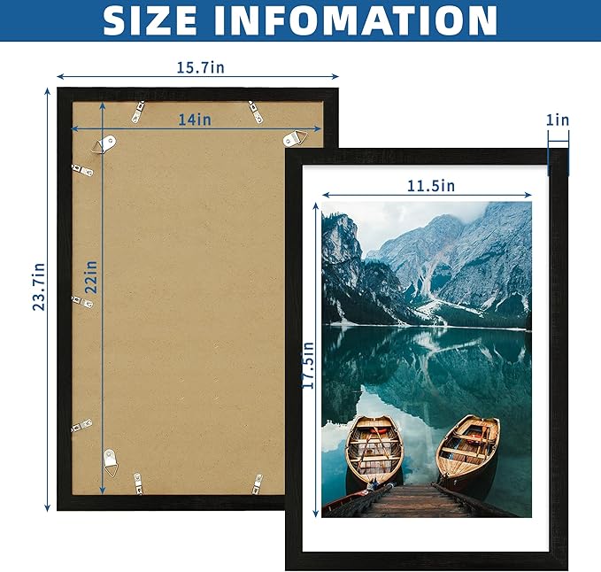 14x22 Picture Frame Set of 2, Rustic Black Wood Style - Display 14 x 22 Picture without Mat or 12x18 Picture with Mat, Wall Mounting Horizontal and Vertical