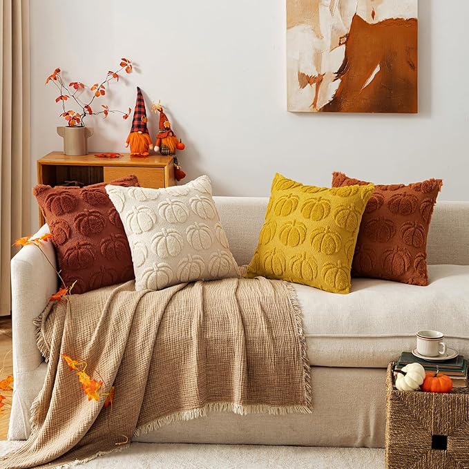 MIULEE Fall Pumpkin Pillow Covers 18x18 Inch Set of 4 - Soft Cozy Plush Decorative Pillows with Embroidered Pumpkin Pattern Autumn Halloween Holiday Decor for Sofa Couch Bed Living Room,Rust-Yellow