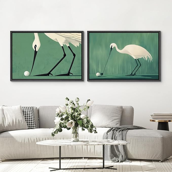 SIGNWIN Framed Canvas Print Wall Art Set Funny Crane Playing Golf Whimsical Bird Illustrations Modern Art Rustic Minimal for Living Room, Bedroom, Office - 24"x36"x2 Black