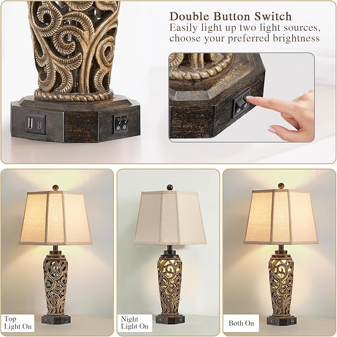27" Set of 2 Farmhouse Table Lamps for Living Room with USB A+C Ports, Vintage Nightstand Bedroom Lamp and Nightlight, Hollow Out Resin Desk Lamps, 2 Bulbs Include