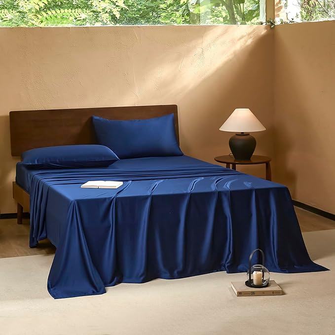 EVERLY Full Sheets Set,Luxuriously 400 Thread Count Organic Viscose Derived from Bamboo Bed Sheet,Cooling Sheets for Full Size 4 Piece Deep Pockets Bedding Sheets &Pillowcases-Navy Blue