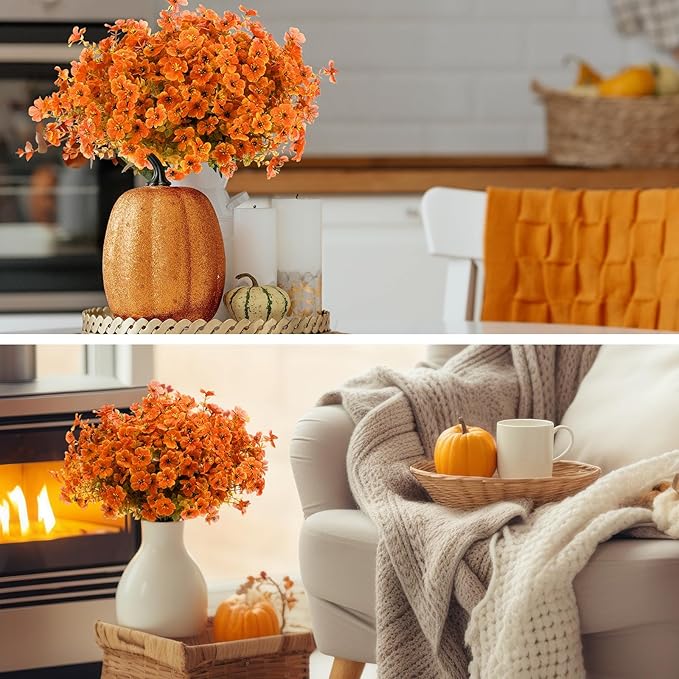 Zeyune 56 Bundles Fall Artificial Flowers Outdoors Fake Autumn Orange Plastic Plants Faux UV Resistant Shrubs Greenery for Thanksgiving Outdoor Indoor Garden Porch Window Box Hanging Decor