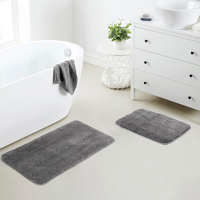 YHF Bathroom Rug Set 2 Piece, Extra Thick & Soft Microfiber Shaggy, Machine Washable Bath Mats, Absorbent Bath Rugs, Non-Slip Rubber Backing Bath Mat for Bathroom Floor, Tub and Shower, Grey