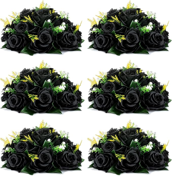 NUPTIO Black Roses Artificial Flowers Pcs of 6 Fake Flower Bouquet Black Hydrangea Flowers Artificial, 15 Heads Fake Roses with Base, Real Looking Black Artificial Flowers (Black)