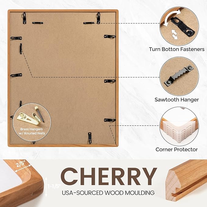 11x14 Picture Frame Set of 2, USA-Sourced Cherry Wood Photo Frame with Tempered Glass, Handcrafted Rounded Corner 11 x 14 Wooden Frame Matted to 8x10 Photos, Wall or Tabletop Display