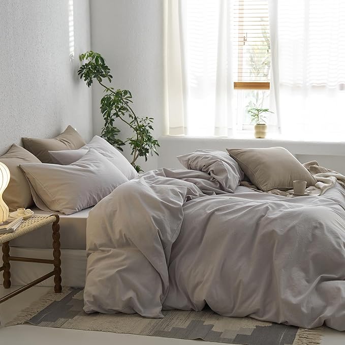 MooMee Full Duvet Cover Set, 100% Washed Cotton Linen Like Twill Thick Sturdy Material Super Soft Breathable Durable Bedding for All Season, 3 Pieces (Light Gray, Full 80"x90")