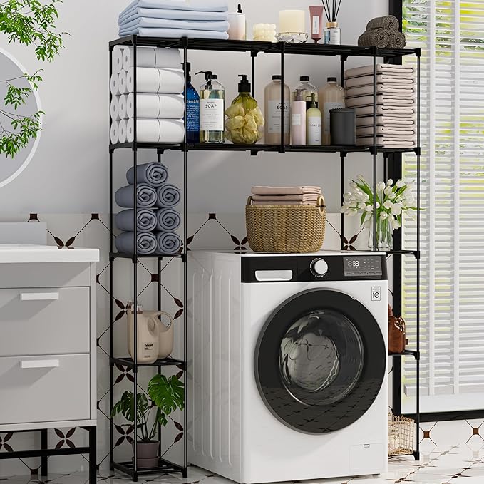 PPN Over-The-Toilet Storage Cabinet Premium Bathroom Organizers Solution for Small Spaces Black Bathroom Shelf Accessories Freestanding Shelves Towel Storage and Decorative Shelving Units Large