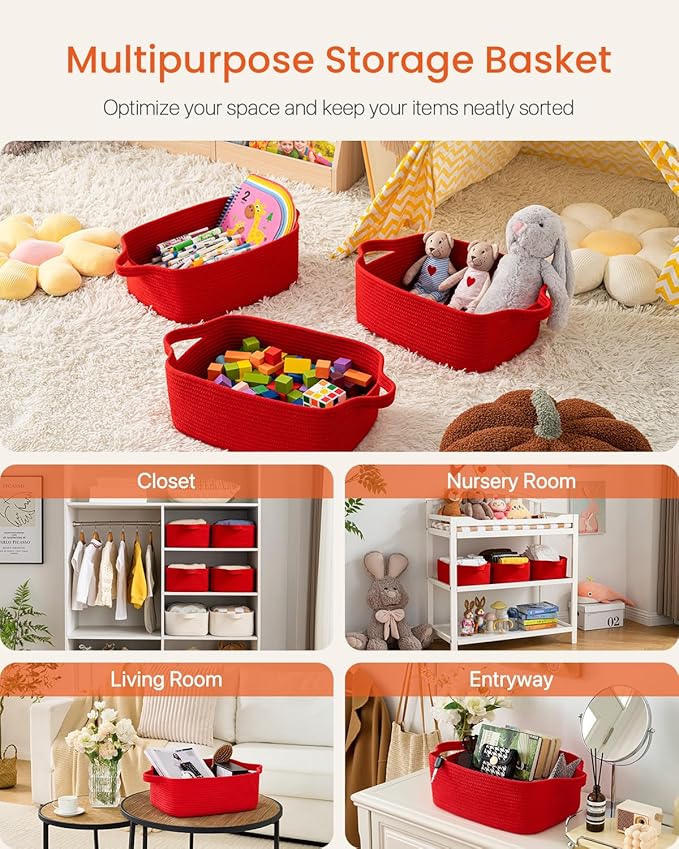KALLAX Small Woven Basket, 14 x 10 x 5.6 Inches, Small Storage Baskets for Organizing, Gift Baskets Empty, Cute Rope Shelf Closet Storage Bins for Shelves, Dog Toy Basket, Red