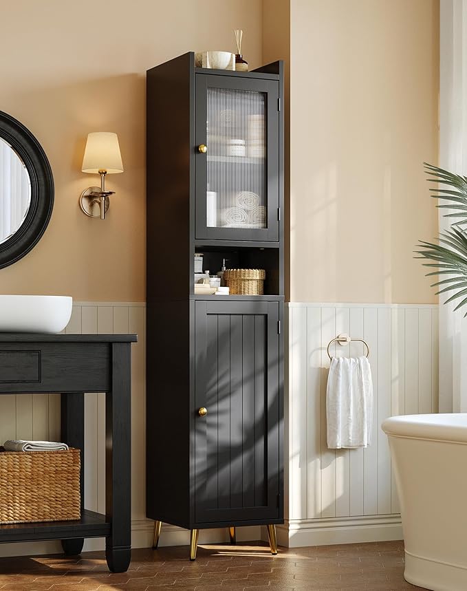 69'' Tall Bathroom Storage Cabinet with 2 Adjustable Shelves, Black 6 Tier Narrow Bathroom Cabinet with 2 Doors, Slim Linen Cabinets for Brathroom,Home Office,Wood