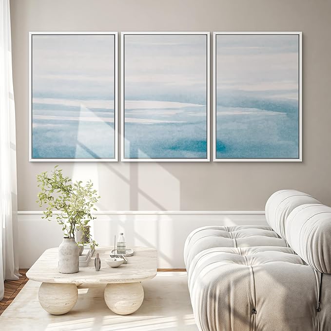 SIGNWIN 3 Piece Framed Canvas Wall Art Blue Sky Watercolor Nature Wilderness Illustrations Abstract Traditional Relax/Calm Home Artwork Decoration for Living Room,Bedroom - 16"x24"x3 White