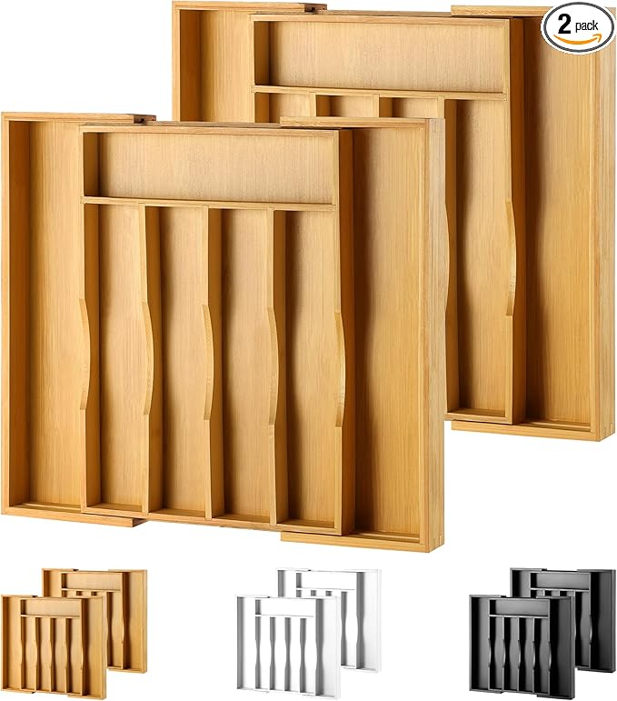 2-Piece Bamboo Silverware Organizer, Expandable Kitchen Drawer Organizer for Cutlery and Utensils, Multifunction Adjustable Bamboo Wood Cutlery Tray in Drawer for Flatware, (Natural)