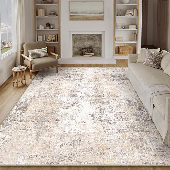 10x12 Washable Area Rug Beige Grey Neutral Abstract Living Room Bedroom Large Throw Rug Non Slip Soft Low Pile Indoor Floor Carpet for Dining Room Kitchen Office Entryway