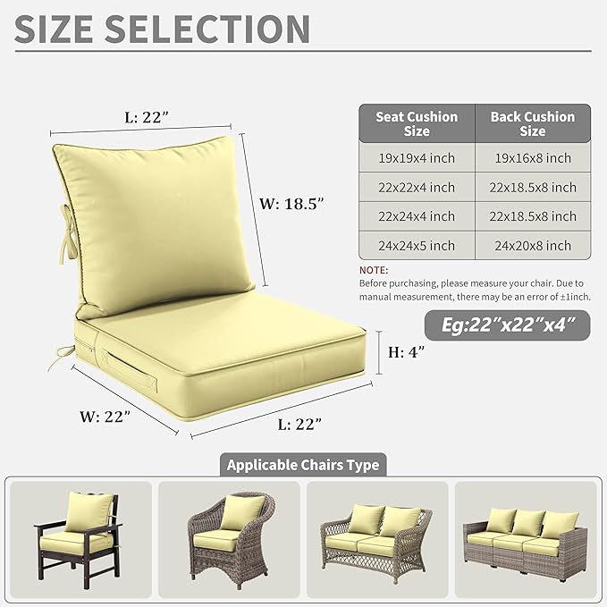 Premium Outdoor Seat Cushion Chair Cushions for Patio Furniture 22 L X 22 W X 4 H Waterproof & Fade Resistant Deep Seat and Backrest Cushion Set with Removable Covers for Chair, Sofa