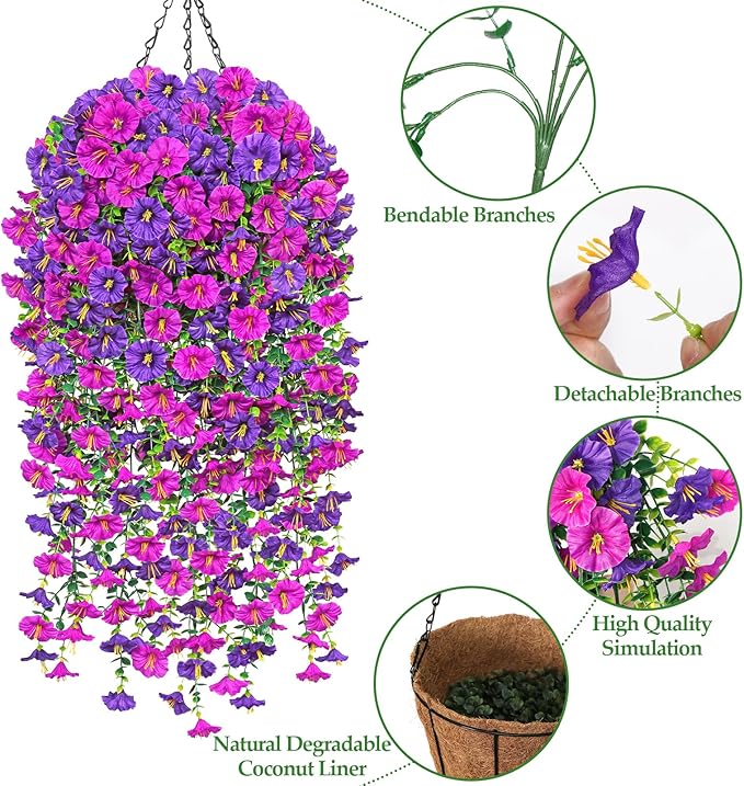 TOCHGREEN 2 Set Artificial Faux Outdoor Flowers with Hanging Basket,2 Hanging Planters Fake Silk Morning Glory Vines Eucalyptus in Planter UV Resistant for Home Front Porch Balcony Garden Yard