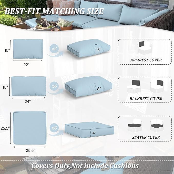 14 Pcs Outdoor Cushion Covers Patio Cushion Slipcovers Replacement Splash Proof with Zipper for Outdoor Furniture, Patio Sofa Couch 3 Sizes, Covers Only