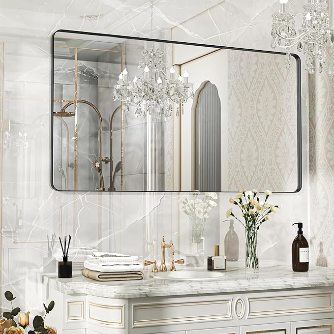 55×30 Black Bathroom Mirror, Rectangular Bathroom Vanity Mirror for Wall with Rounded Corners & Aluminum Alloy Frame, Tempered-Glass, Modern, Farmhouse, Horizontal/Vertical, Entryway, Bedroom