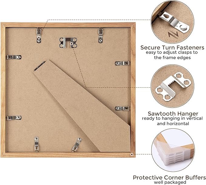 10x10 Picture Frame Set of 2, Solid Oak Wood Frame 10 x 10, 10 by 10 Wood Frames for Wall, 10x10 Picture Frame with Mat for 8x8, Square 10"x10" Photo Frames Real Glass, Natural Oak Color, 2 Pack