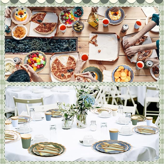 169 Pcs Blue and Sage Green Plates and Napkins Party Supplies for Guests Dusty Blue Tableware Include Scalloped Plates Paper Napkin Cup Spoon Fork Knife for Baby Shower, Wedding, Birthday