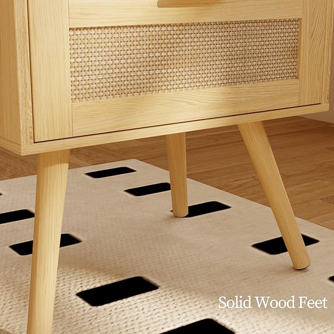 Rattan Nightstand with Charging Station,Farmhouse Bedside Table with 2 Storage Drawer and Open Wood Shelf, for Bedroom and Small Spaces,Night Stand with Solid Wood Legs (Yellow Oak-Outlet)