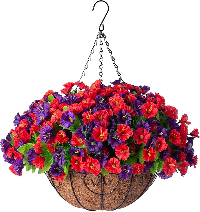 Artificial Hanging Flowers in 12 inch Basket, Faux Silk Petunias Flower Arrangement,Coconut Lining with Morning Glories Fake Plants Patio Garden Porch Deck Spring Summer Decor(Purple and Red)