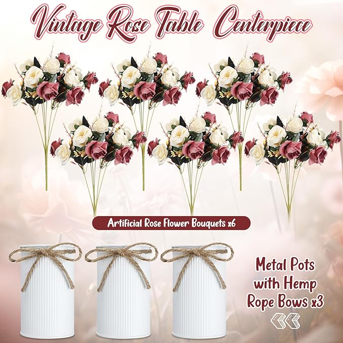 Domensi 3 Sets Wedding Centerpiece for Table Artificial Rose with Vase Fake Bouquets and Metal Pot Floral Arrangements for Holiday Party Event Table Decor (Brown)