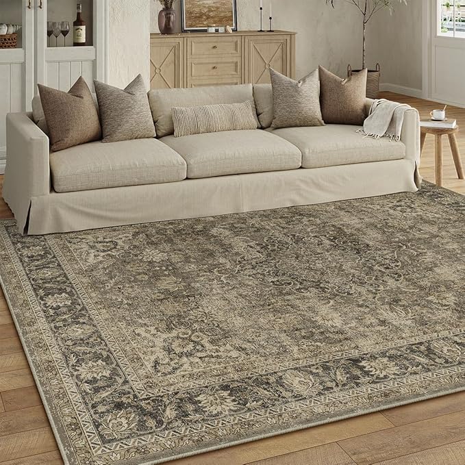 10x12 Brown Vintage Area Rug for Living Room Bedroom Large Traditional Low Pile Soft Carpet Non-Slip Thin Retro Distressed Accent Washable Throw Rug for Dining Room Office Kitchen Indoor