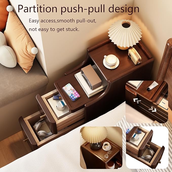 Narrow Nightstand with Drawers, Solid Wood Side Tables with Pull-Out Tray, Mid Century Modern Slim nightstand, Small Spaces Bedside Table, Skinny nightstand for Bedroom Living Room (1)
