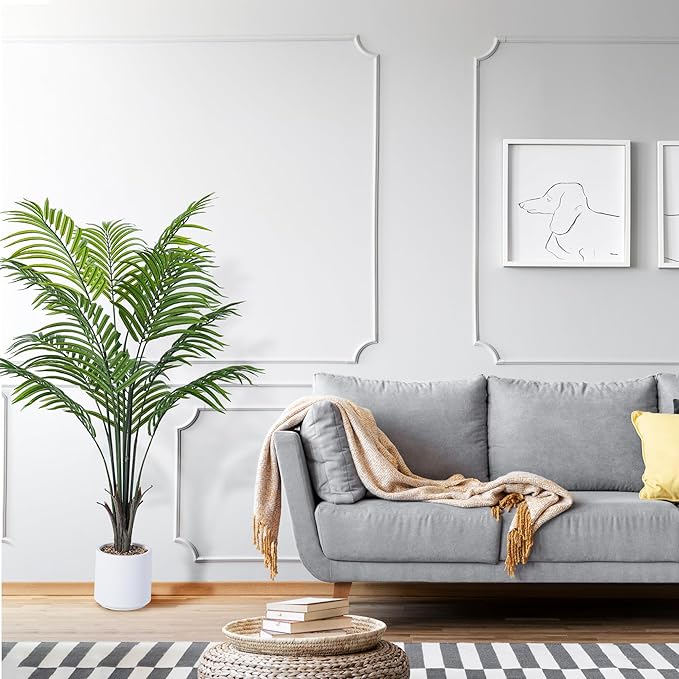 Artificial Areca Palm Tree 5FT Fake Potted Plant 2 Pack Faux Silk Tropical Areca Palm with 15 Trunks & Real Bark Design, Large Aritificial Plant in Pot for Home Living Room House Warmming Floor Decor