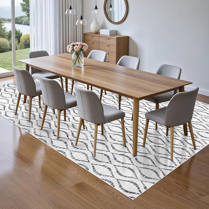 WITSHOCK 10x12 Area Rugs for Bedroom: Washable Non-Slip Soft Geometric Boho Low Pile Large Thin Indoor Rug for Living Room Dining Room, Carpet for Nursery Playroom Decor, Kid & Pet Friendly, Grey