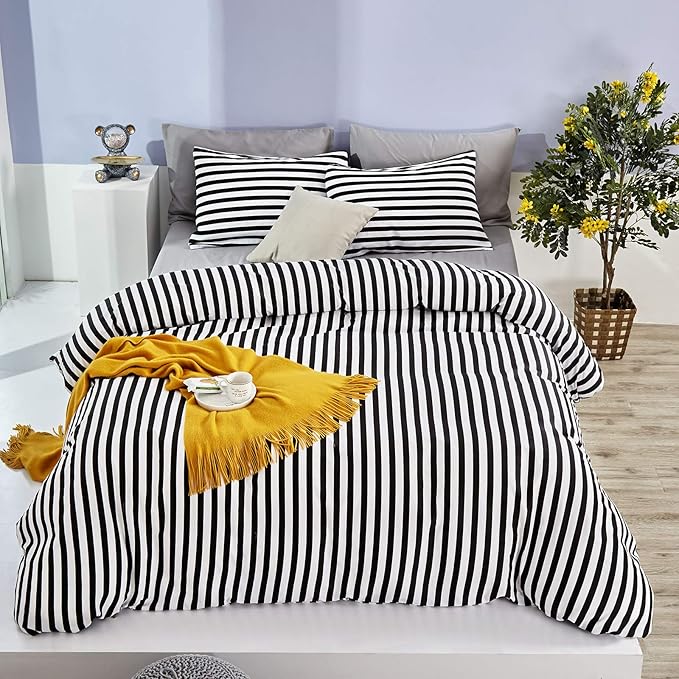 CLOTHKNOW Striped Twin/Twin XL Comforter Sets 3Pcs Black White Bedding Comforter Sets Farmhouse Comforter Soft Ticking Bedding with 2 Pillow Cases