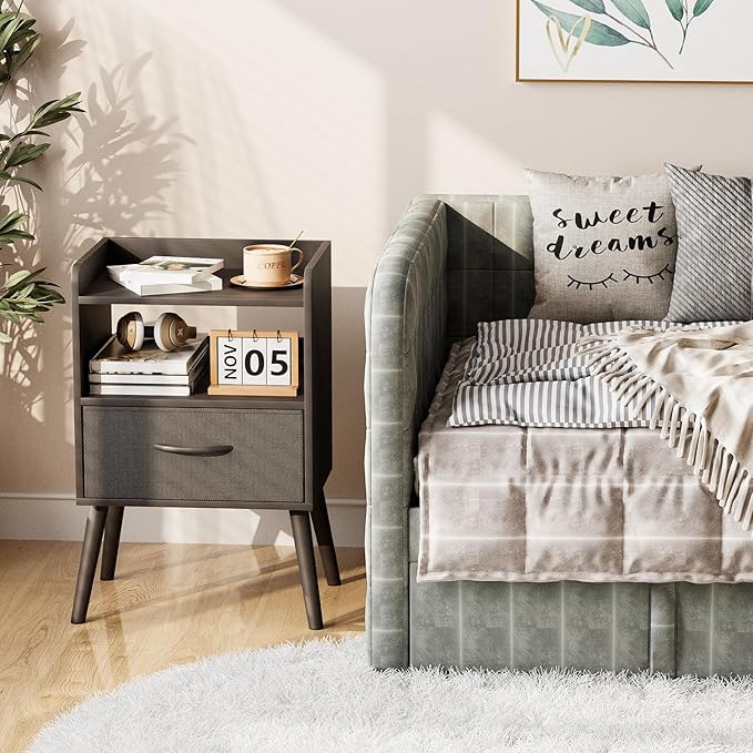 NightStand with Open Shelf,Night Stand with Drawer Storage Side Table End Tables,Bedside Table with Solid Wood Feet,Mid Century Night Stands for Bedroom Sofa Couch Small Spaces (Black)