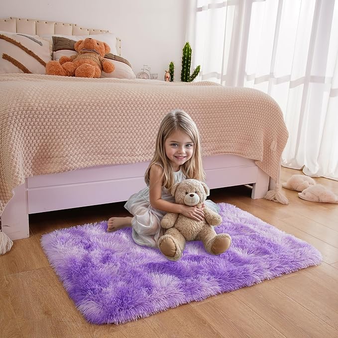 Purple 2x3 Fluffy Area Rug for Girls Bedroom, Kids Playroom, Nursery Room, Teen Living Room, Dorm, Baby Room Decor