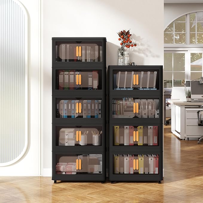 Holaki 320 QT Collapsible Closet Organizers with Lid, 5 Tiers Stackable Plastic Storage Bins Cabinet with Wheels and Magnetic Door (Black Larger)