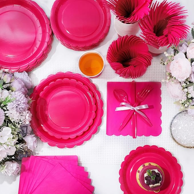 350 Pcs Hot Pink Plates and Napkins, 50 Guest Breast Cancer Awareness Party Supplies Include Scalloped Paper Plates Napkins Cups Plastic Spoons Forks Knives Disposable Tableware Set for Women