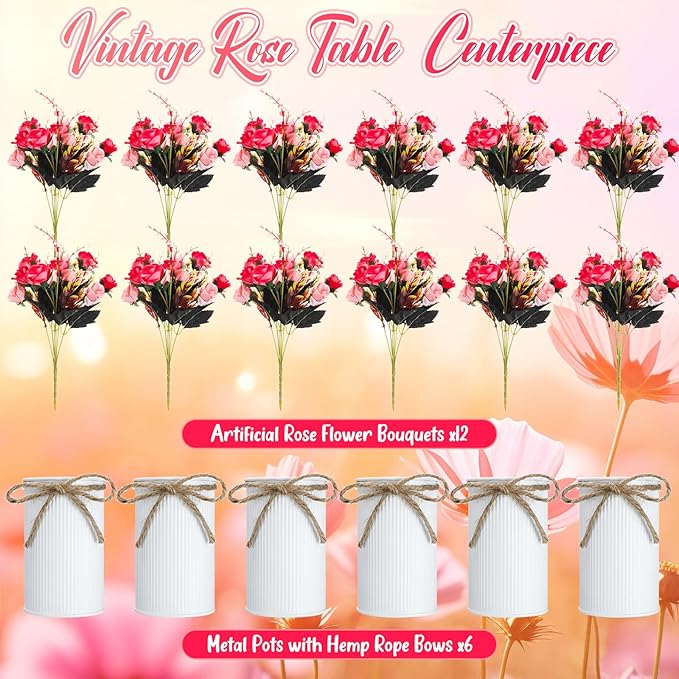 Domensi 6 Sets Wedding Centerpiece for Table Artificial Rose with Vase Fake Bouquets and Metal Pot Floral Arrangements for Holiday Party Event Table Decor (Rose Red)