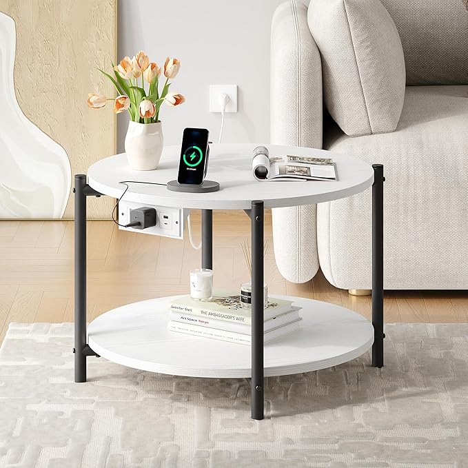 LIKIMIO Round End Table with Charging Station, 23.6" W Wooden Side Table with 2-Tier Storage, Modern Nightstand for Small Spaces, Living Room, Bedroom, White
