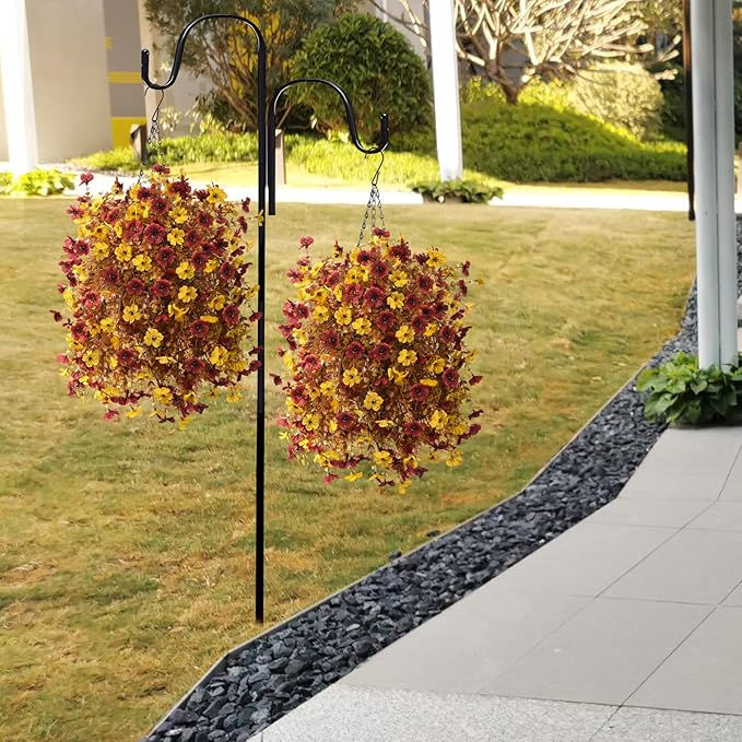 Artificial Faux Fall Hanging Flowers Plants Basket for Outdoor Decoration,Fake Silk Orange Mums planters UV Resistant Look Real for Home Porch Patio Yard Outside Autumn Decor (Brown)