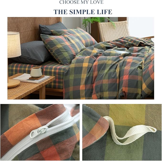 VM VOUGEMARKET Plaid Duvet Cover Set Queen Washed Cotton Reversible Bedding Multicolor Buffalo Grid Duvet Cover with 2 Pillowcases for Men Women(Orange/Grey/Green,Queen)