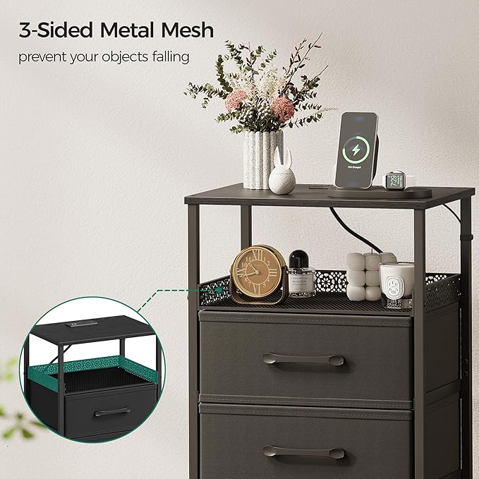 Night Stand Set 2 with Charging Station, 3 Drawer Nightstands with LED Lights, End Table with Outlets and USB Ports, Side Table with Open Shelf, Bedside Tables for Bedroom, Black