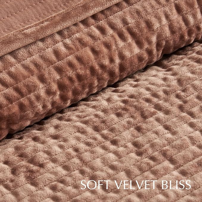 EVERGRACE Velvet Quilt Set King Size, Luxurious Soft Quilted Bedding Sets, Lightweight Velvet Comforter for All Season, Striped Channel Bedspread Coverlet with 2 Shams, Terracotta Clay