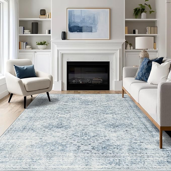 MIULEE 6x9 Vintage Living Room Rug Washable Area Rugs Low Pile Floor Mat for Bedroom Dining Room Non-Slip Stain Resistant Soft Indoor Carpet for Home Decor, Blue