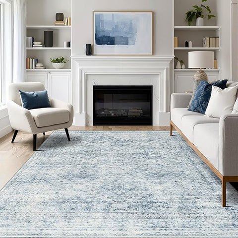 MIULEE 6x9 Vintage Living Room Rug Washable Area Rugs Low Pile Floor Mat for Bedroom Dining Room Non-Slip Stain Resistant Soft Indoor Carpet for Home Decor, Blue